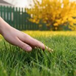 Main au-dessus d'un gazon vert vif au printemps pour tester la hauteur de l'herbe avant la première tonte de l'année