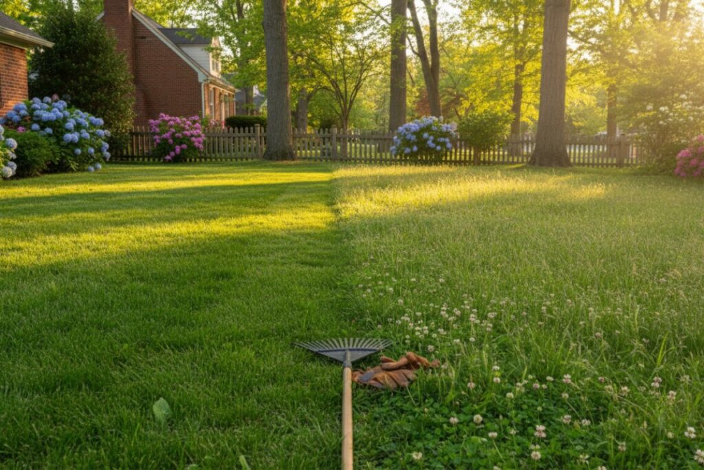 Pelouse de jardin au printemps montrant la transition entre herbe 
longue non tondue et gazon court bien entretenu, avec des outils 
de jardinage au premier plan